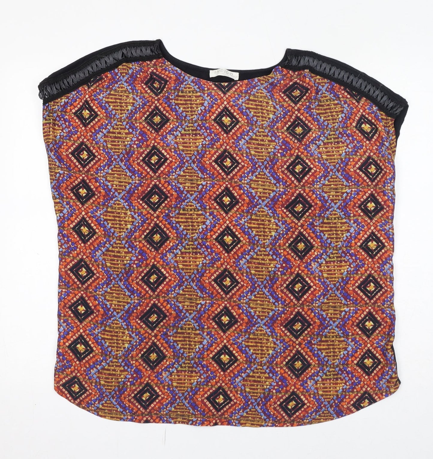 Indigo Womens Black Geometric Polyester Basic Blouse Size 18 Boat Neck