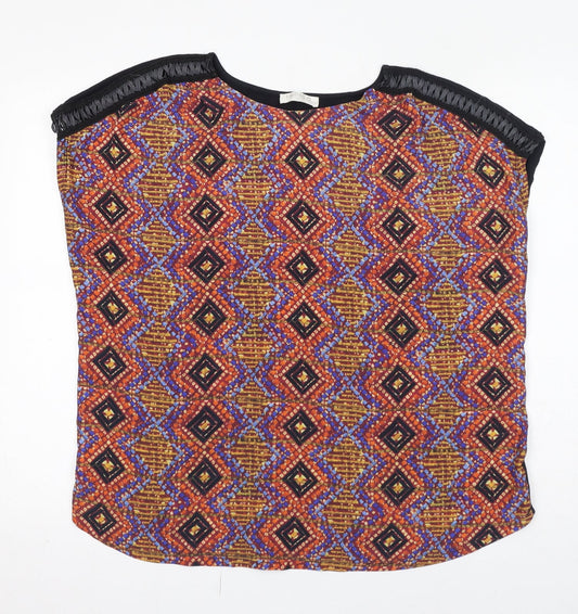 Indigo Womens Black Geometric Polyester Basic Blouse Size 18 Boat Neck