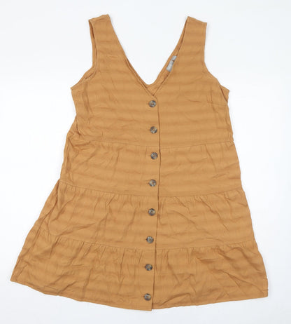 ASOS Womens Brown Striped 100% Cotton Pinafore/Dungaree Dress Size 12 V-Neck Button