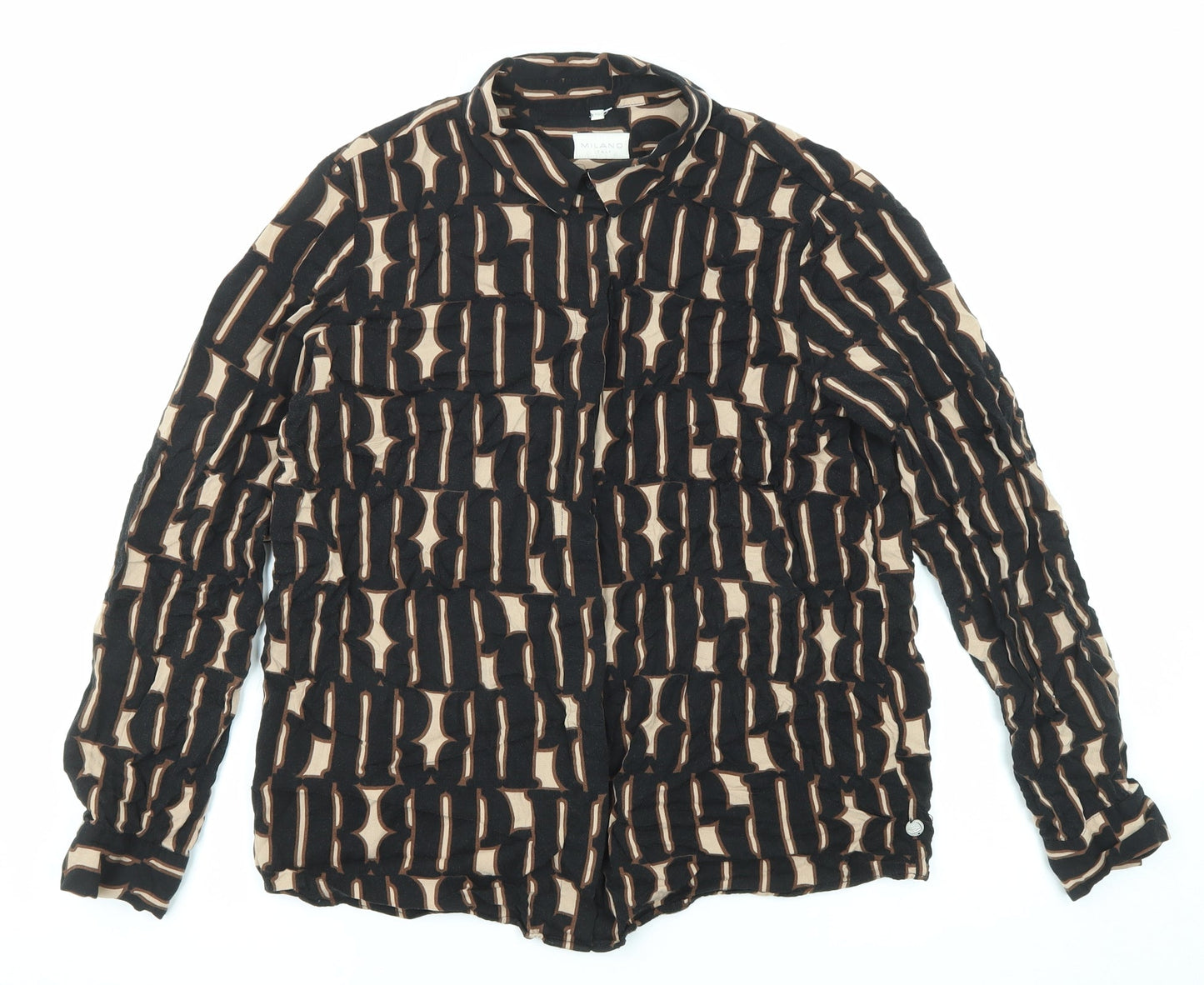 Milano Womens Black Geometric Viscose Basic Button-Up Size 12 Collared