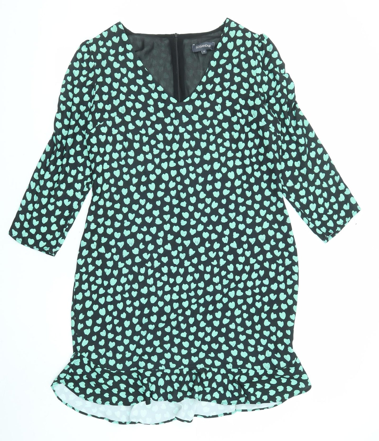 Sosandar Womens Black Geometric Polyester A-Line Size 12 V-Neck Zip - Heart pattern