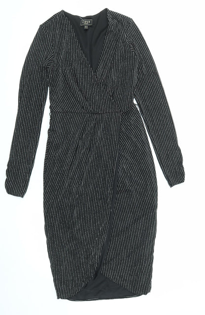 Lipsy Womens Black Striped Polyester A-Line Size 8 V-Neck Pullover