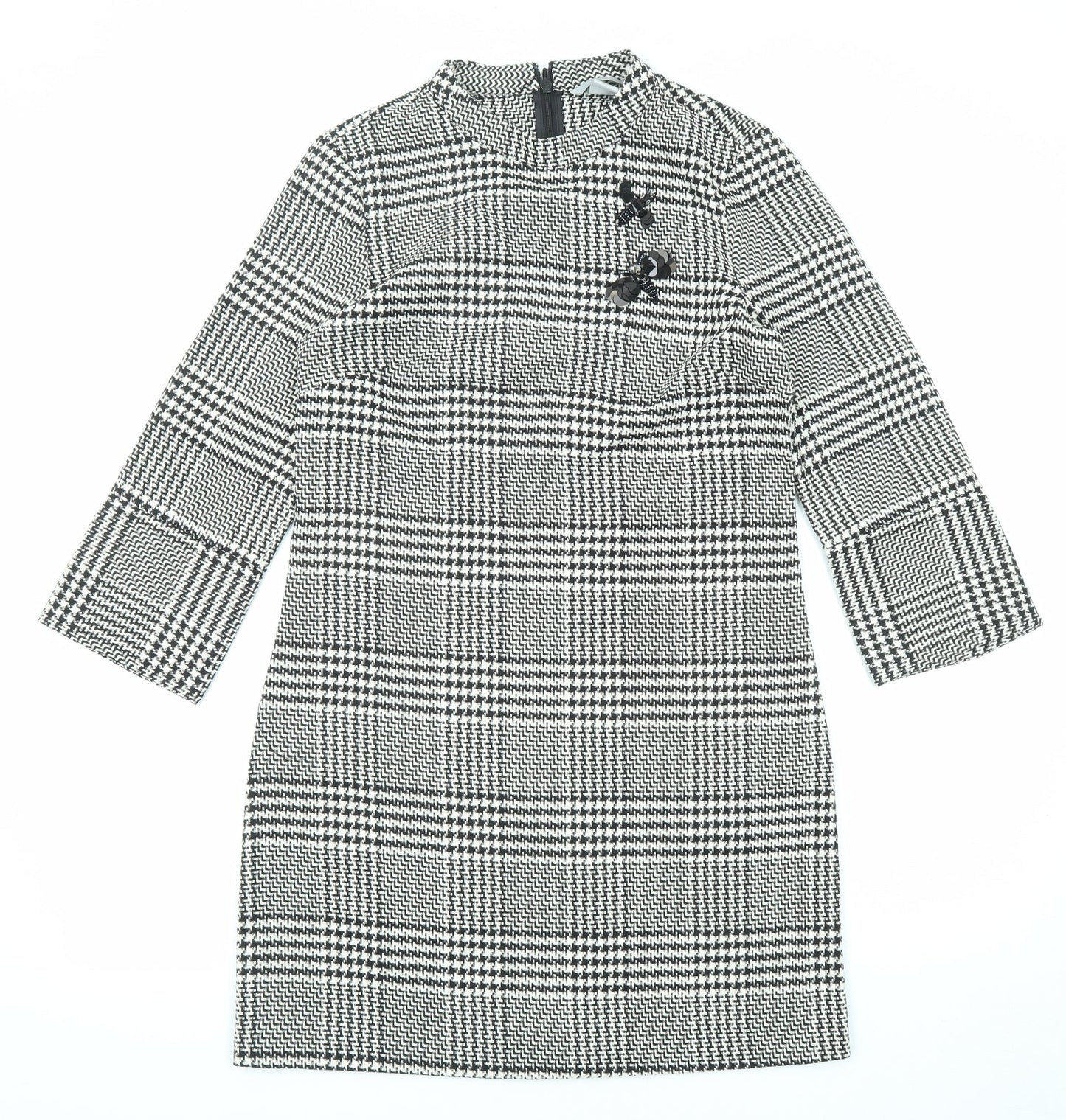 H&M Womens Black Plaid Polyester A-Line Size 8 Round Neck Zip