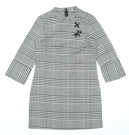 H&M Womens Black Plaid Polyester A-Line Size 8 Round Neck Zip