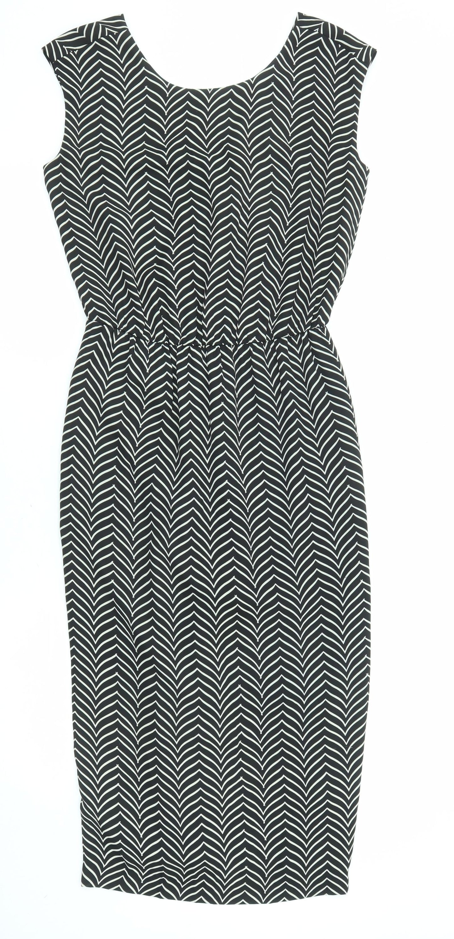 NEXT Womens Black Geometric Polyester A-Line Size 6 Round Neck Pullover