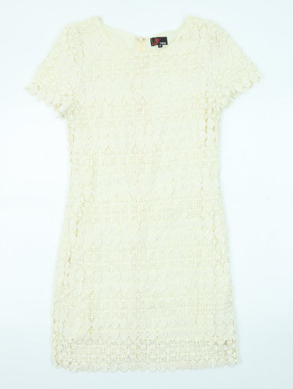 Yumi Womens Beige Geometric Cotton Shift Size M Boat Neck Zip