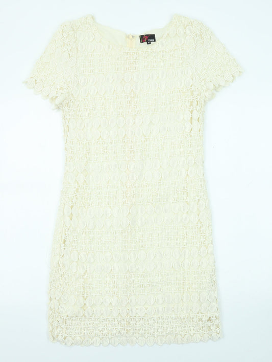 Yumi Womens Beige Geometric Cotton Shift Size M Boat Neck Zip