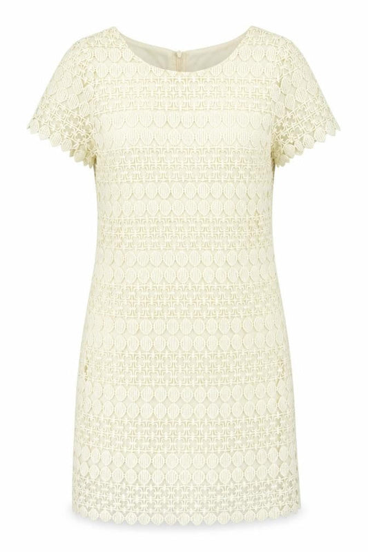 Yumi Womens Beige Geometric Cotton Shift Size M Boat Neck Zip