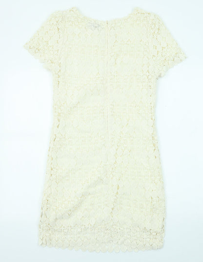 Yumi Womens Beige Geometric Cotton Shift Size M Boat Neck Zip