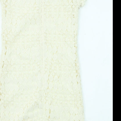 Yumi Womens Beige Geometric Cotton Shift Size M Boat Neck Zip