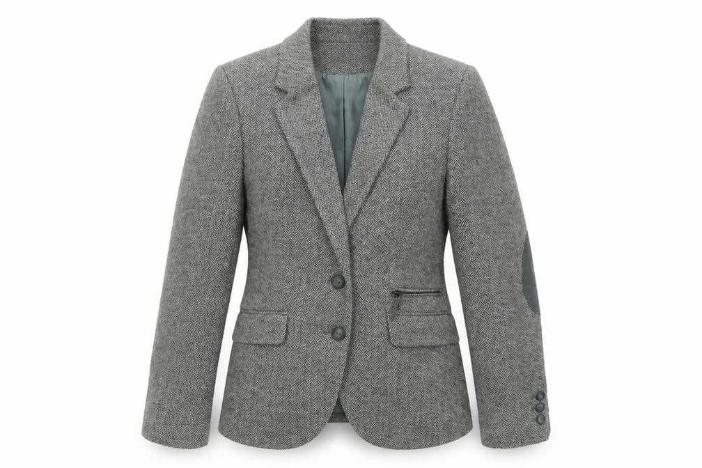 Front view of Vackrox women’s grey wool jacket blazer, size UK 8