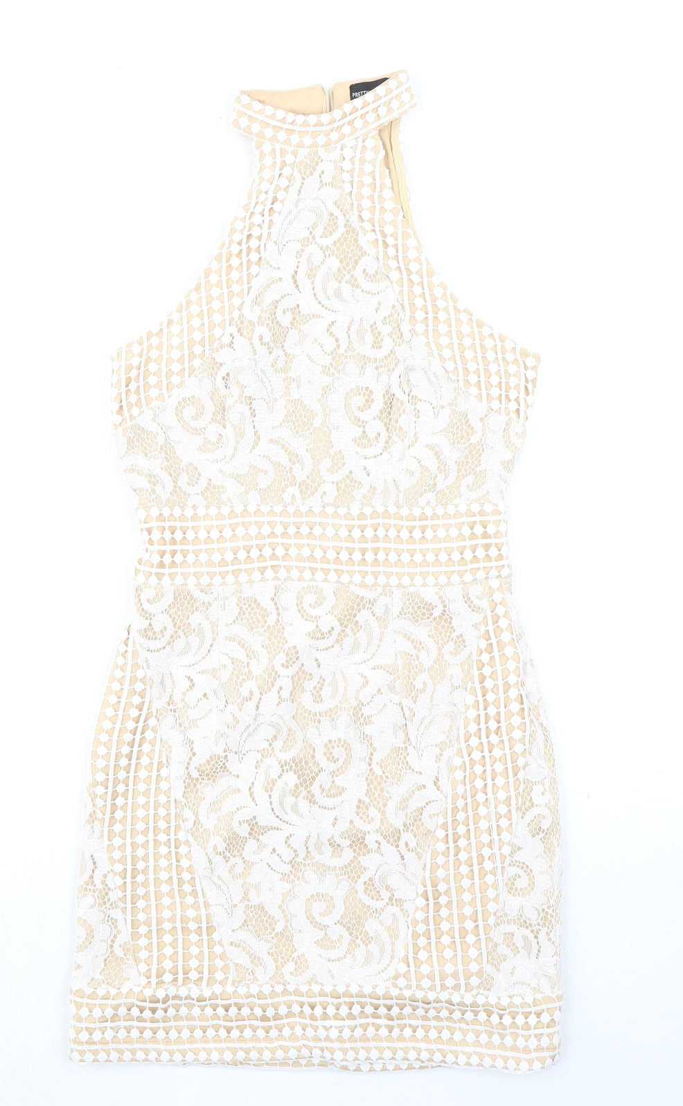 PRETTYLITTLETHING Womens Beige Geometric Polyester Bodycon Size 8 Crew Neck Zip