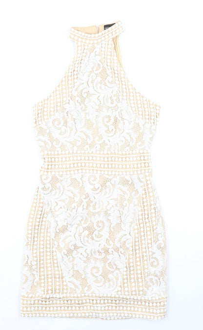 PRETTYLITTLETHING Womens Beige Geometric Polyester Bodycon Size 8 Crew Neck Zip