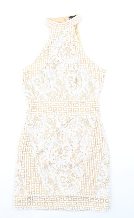 PRETTYLITTLETHING Womens Beige Geometric Polyester Bodycon Size 8 Crew Neck Zip