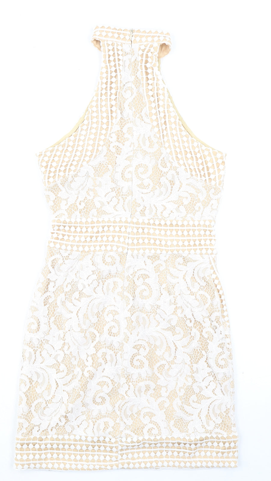 PRETTYLITTLETHING Womens Beige Geometric Polyester Bodycon Size 8 Crew Neck Zip