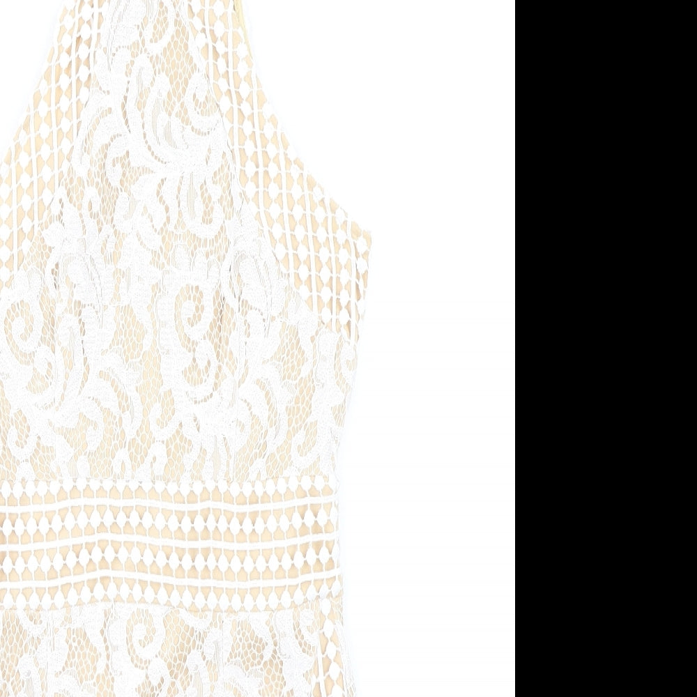 PRETTYLITTLETHING Womens Beige Geometric Polyester Bodycon Size 8 Crew Neck Zip