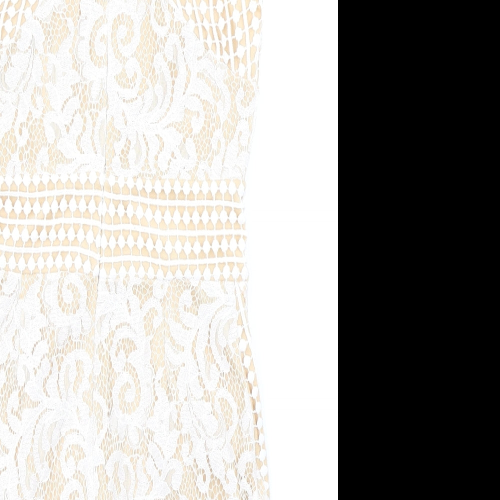 PRETTYLITTLETHING Womens Beige Geometric Polyester Bodycon Size 8 Crew Neck Zip