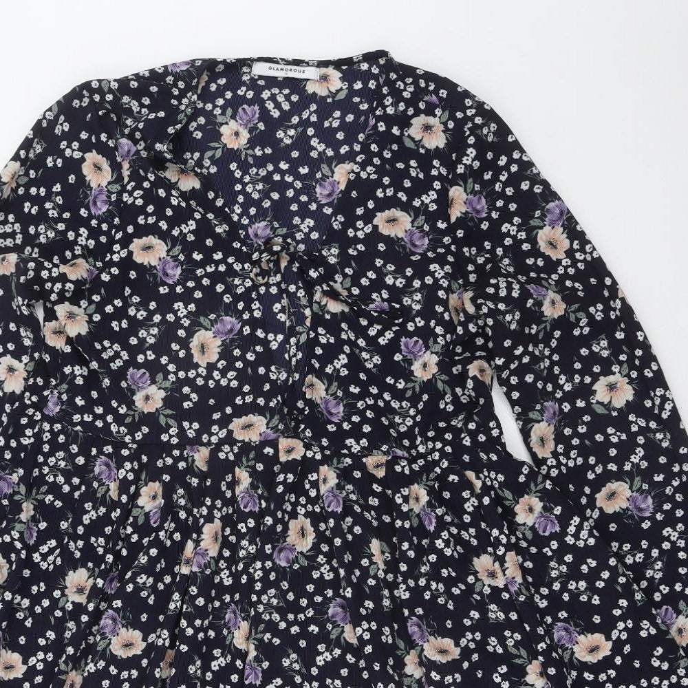Glamorous Womens Blue Floral Polyester Trapeze & Swing Size 10 V-Neck Tie