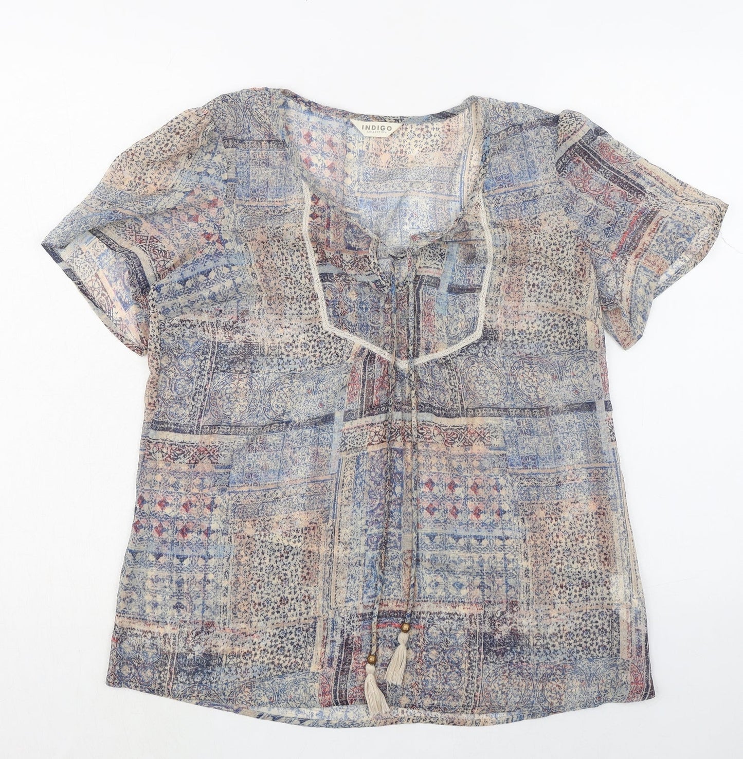 Womens UK Size 14 Indigo Multicoloured Basic Blouse