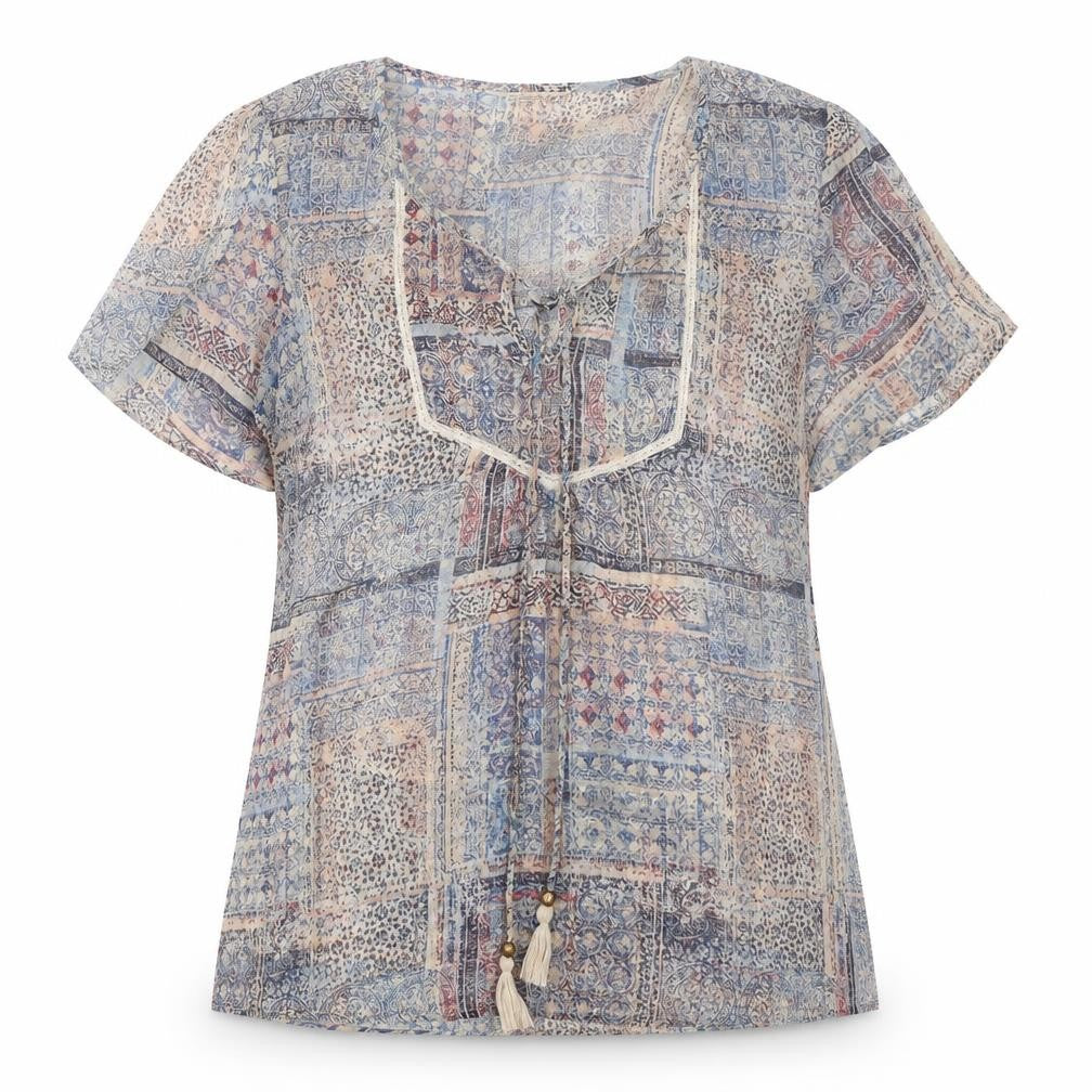 Womens UK Size 14 Indigo Multicoloured Basic Blouse