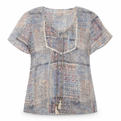 Womens UK Size 14 Indigo Multicoloured Basic Blouse