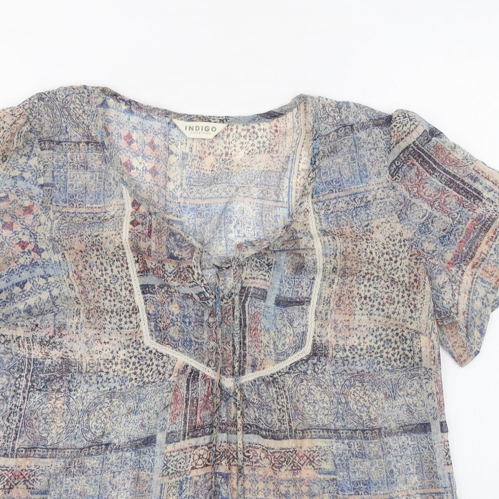 Womens UK Size 14 Indigo Multicoloured Basic Blouse