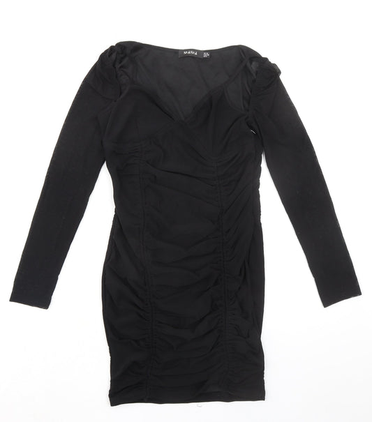 Naanaa Womens Black Polyester Bodycon Size 10 V-Neck Zip
