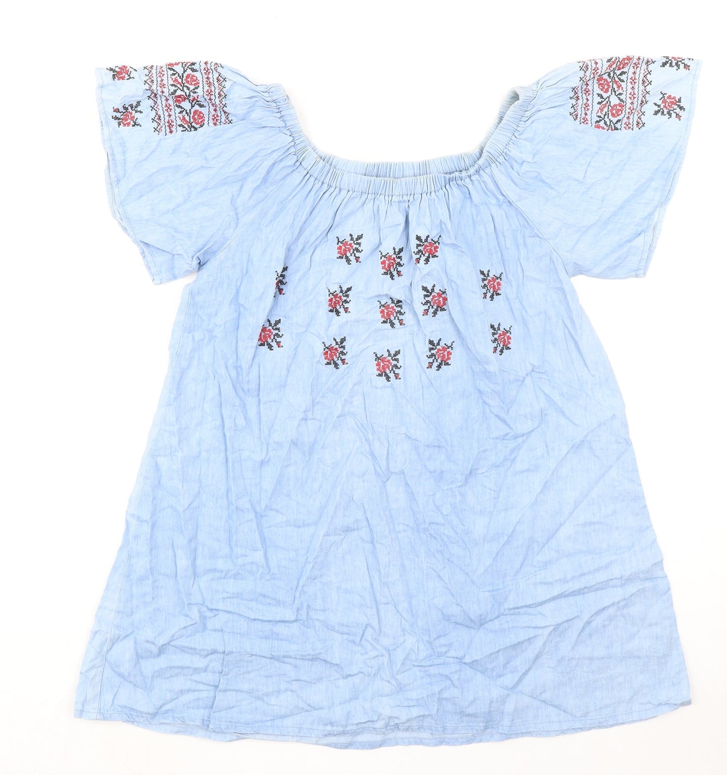 Boohoo Womens Blue 100% Cotton A-Line Size 10 Round Neck Pullover - Flower Detail