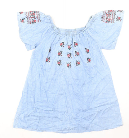 Boohoo Womens Blue 100% Cotton A-Line Size 10 Round Neck Pullover - Flower Detail