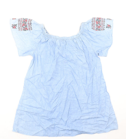 Boohoo Womens Blue 100% Cotton A-Line Size 10 Round Neck Pullover - Flower Detail