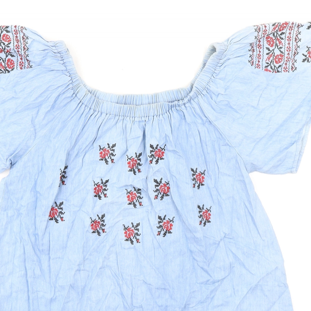 Boohoo Womens Blue 100% Cotton A-Line Size 10 Round Neck Pullover - Flower Detail