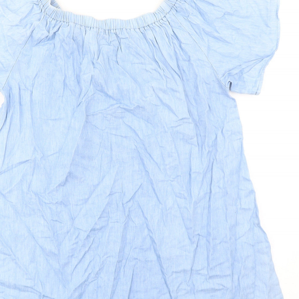 Boohoo Womens Blue 100% Cotton A-Line Size 10 Round Neck Pullover - Flower Detail