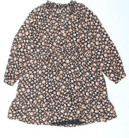 Zara Womens Black Floral Polyester Skater Dress Size S Round Neck Button