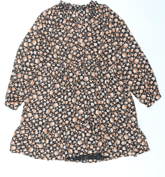 Zara Womens Black Floral Polyester Skater Dress Size S Round Neck Button