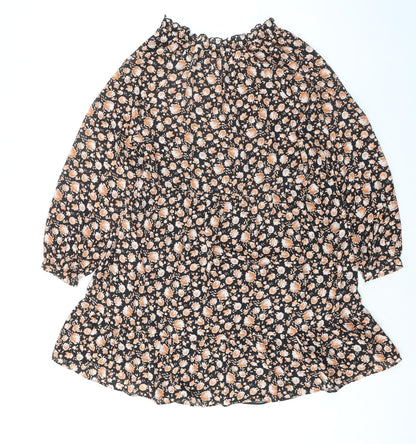 Zara Womens Black Floral Polyester Skater Dress Size S Round Neck Button