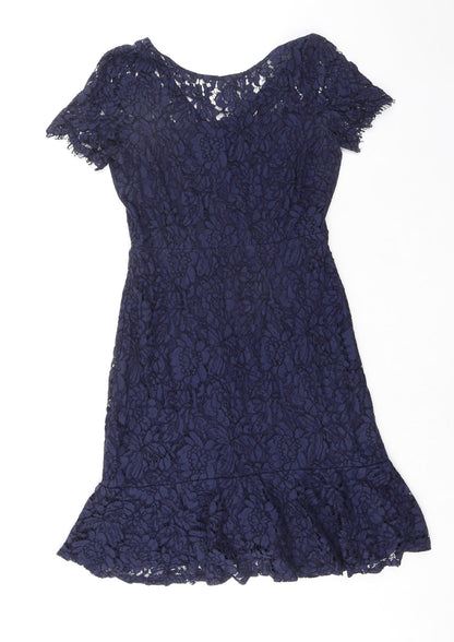 Wallis Womens Blue Floral Nylon A-Line Size 10 Boat Neck Zip