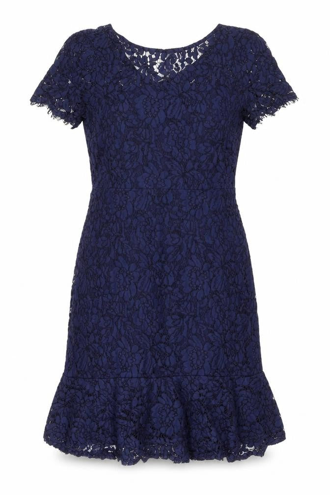Front view of Wallis women’s blue floral nylon a-line, size UK 10, boat neck zip