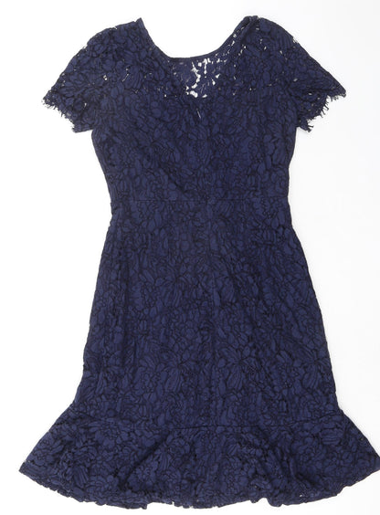 Wallis Womens Blue Floral Nylon A-Line Size 10 Boat Neck Zip