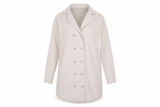 Front view of Missguided women’s beige polyester jacket dress, size UK 6, collared button