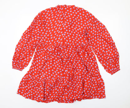 Marks and Spencer Girls Red Geometric Viscose Trapeze & Swing Size 13-14 Years Round Neck Zip - Heart Print