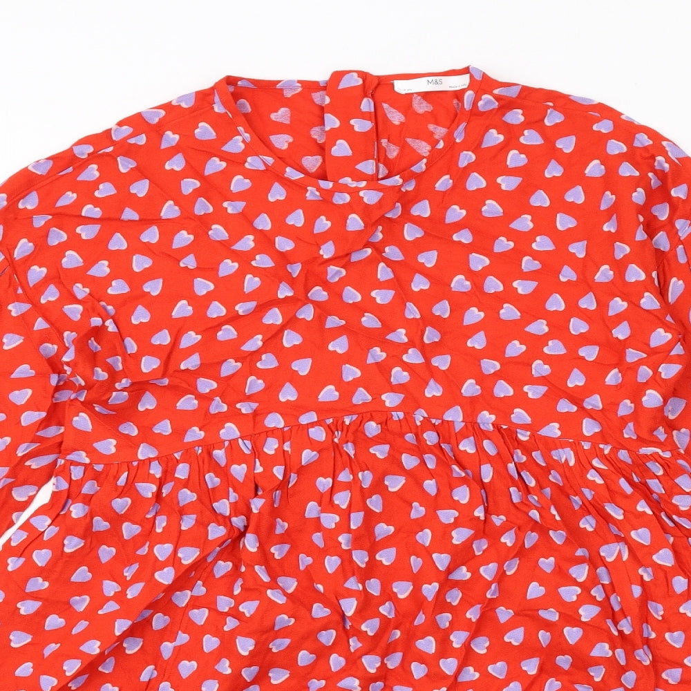 Marks and Spencer Girls Red Geometric Viscose Trapeze & Swing Size 13-14 Years Round Neck Zip - Heart Print