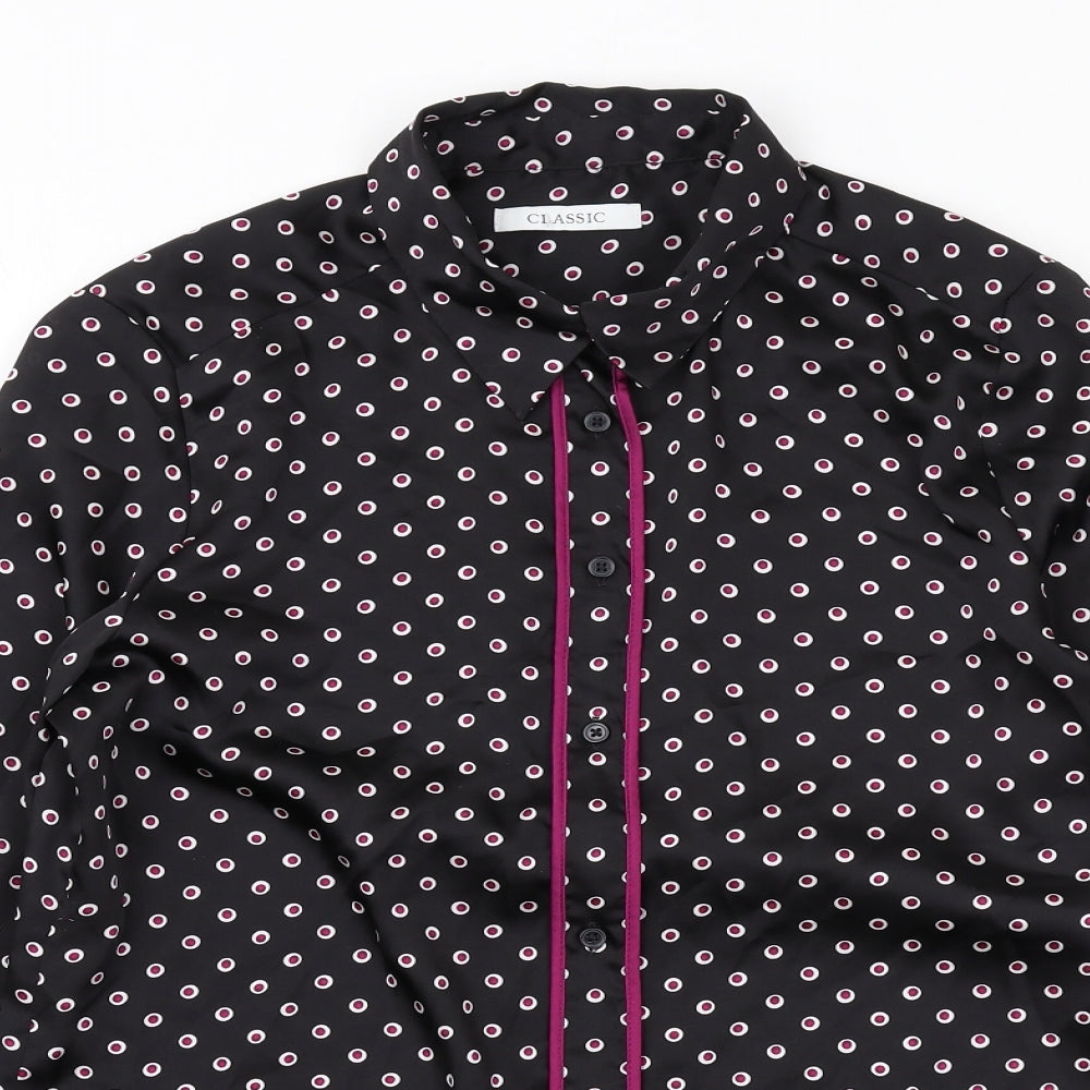 Classics Womens Black Geometric Polyester Basic Button-Up Size 8 Collared