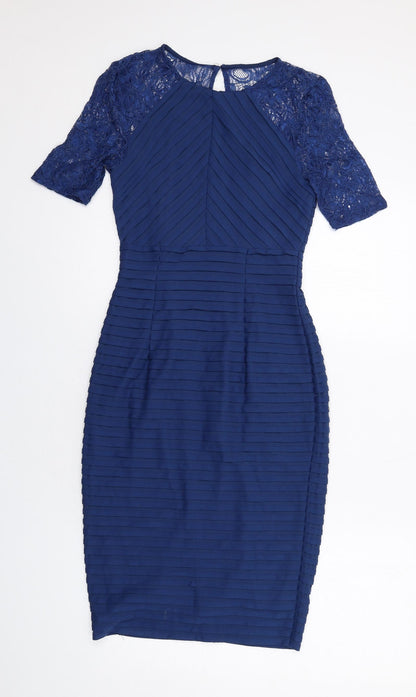 Linea Womens Blue Polyester Shift Size 8 Round Neck Button