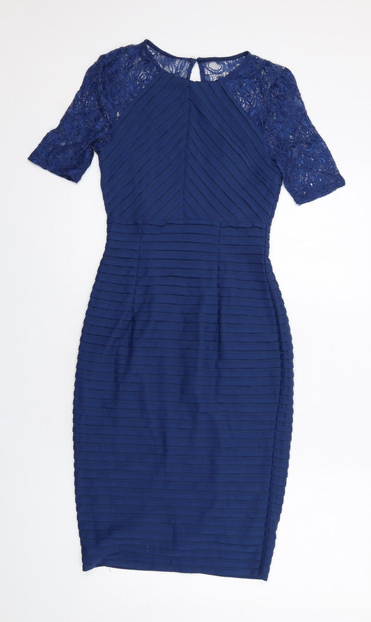 Linea Womens Blue Polyester Shift Size 8 Round Neck Button