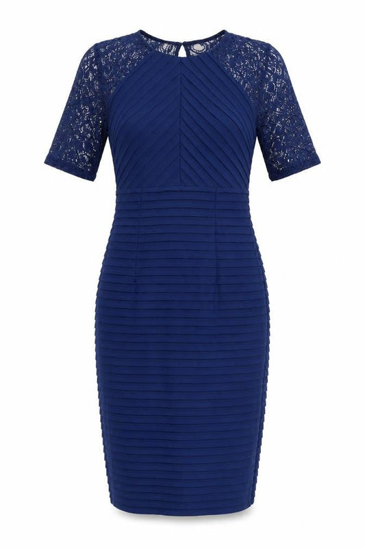 Front view of Linea women’s blue polyester shift, size UK 8, round neck button