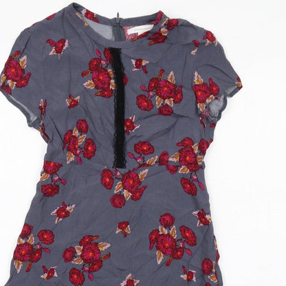 Mademoiselle R Womens Grey Floral Viscose A-Line Size 6 Round Neck Zip