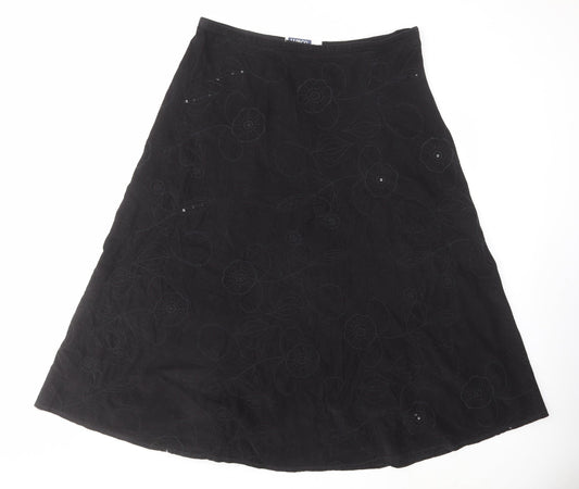M&Co Womens Black Floral Cotton Swing Skirt Size 16 Zip