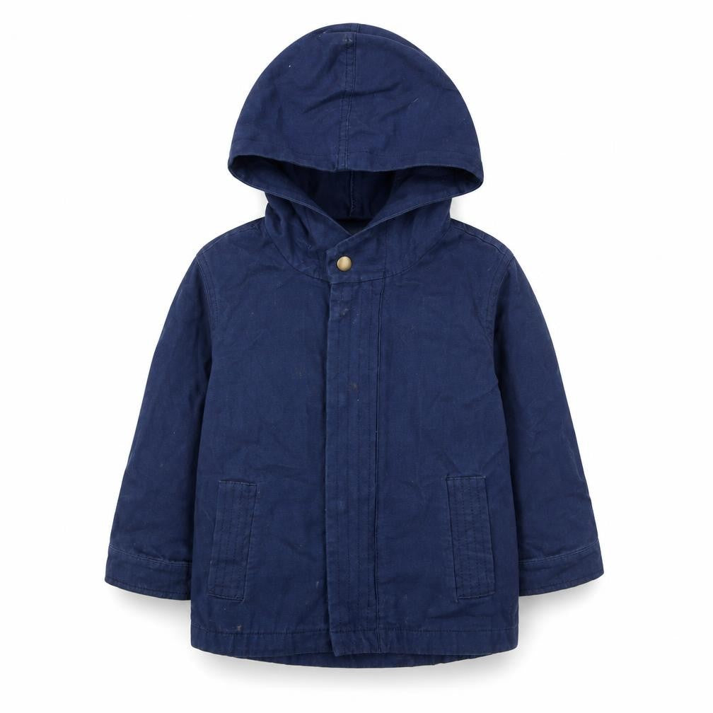 Front view of Mini Club boys’ blue basic coat coat, size 3-4, years zip