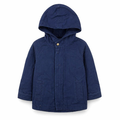 Front view of Mini Club boys’ blue basic coat coat, size 3-4, years zip