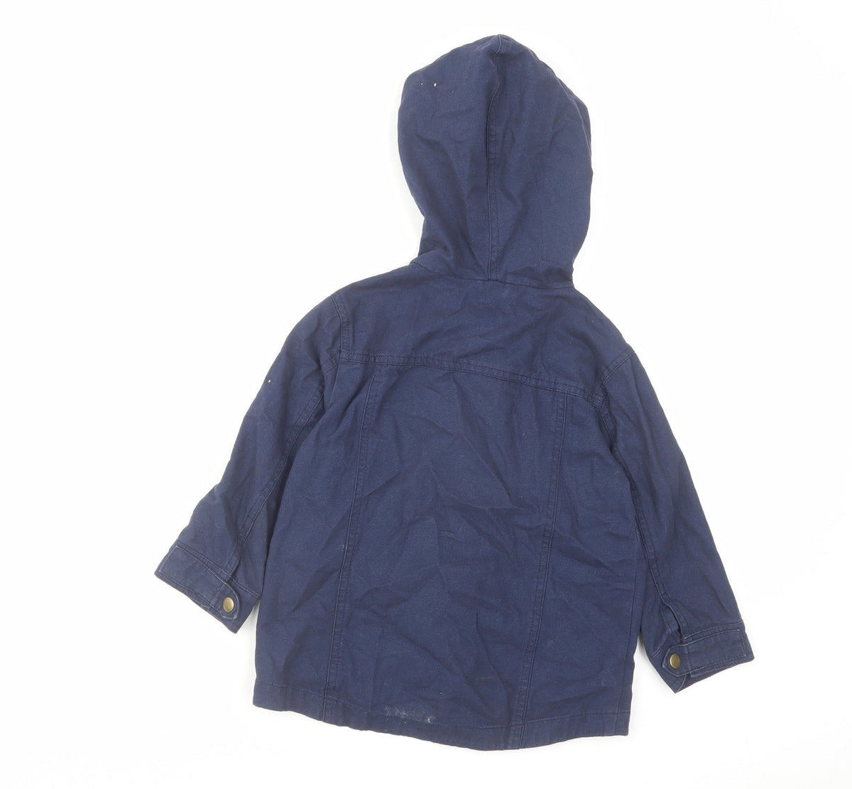 Back view of Mini Club boys’ blue basic coat coat, size 3-4, years zip